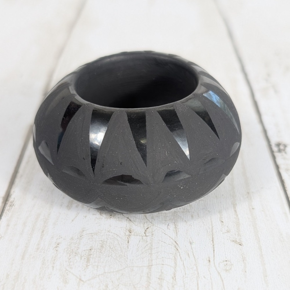 Santa Clara Pueblo Pottery Signed Trinket Bowl Black on Black Etched Design